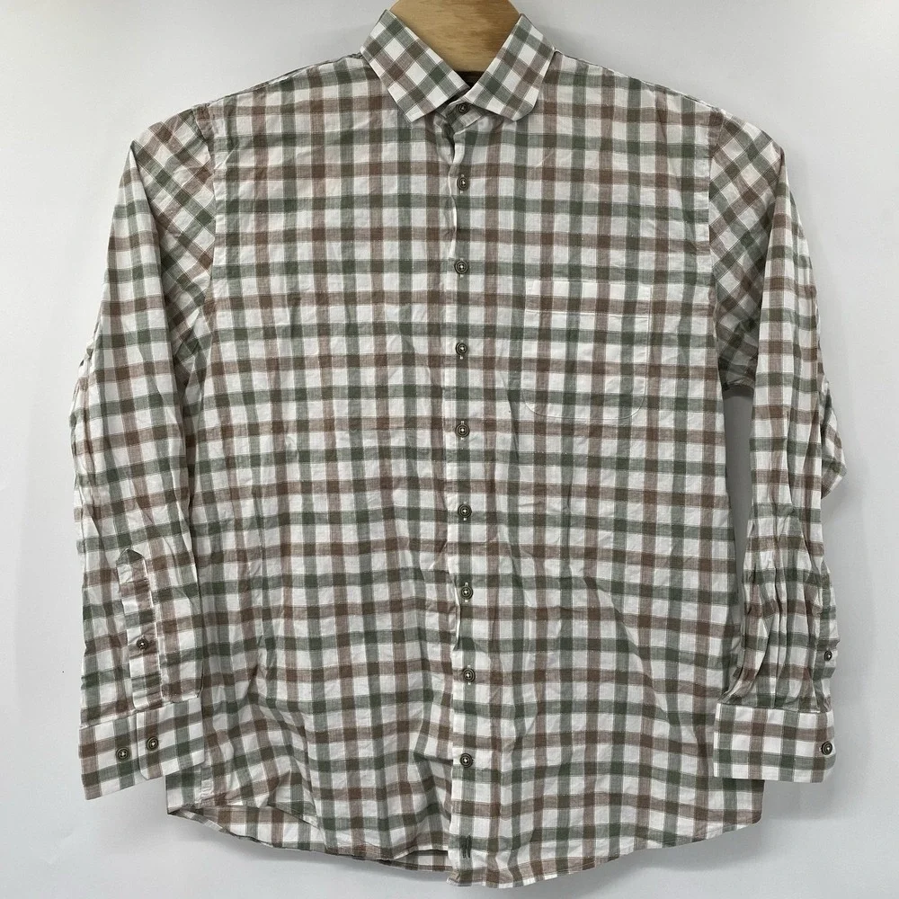 Johnnie-O Wada Top Shelf Mens L White Brown Green Plaid Long Sleeve Button Shirt - Picture 2 of 6